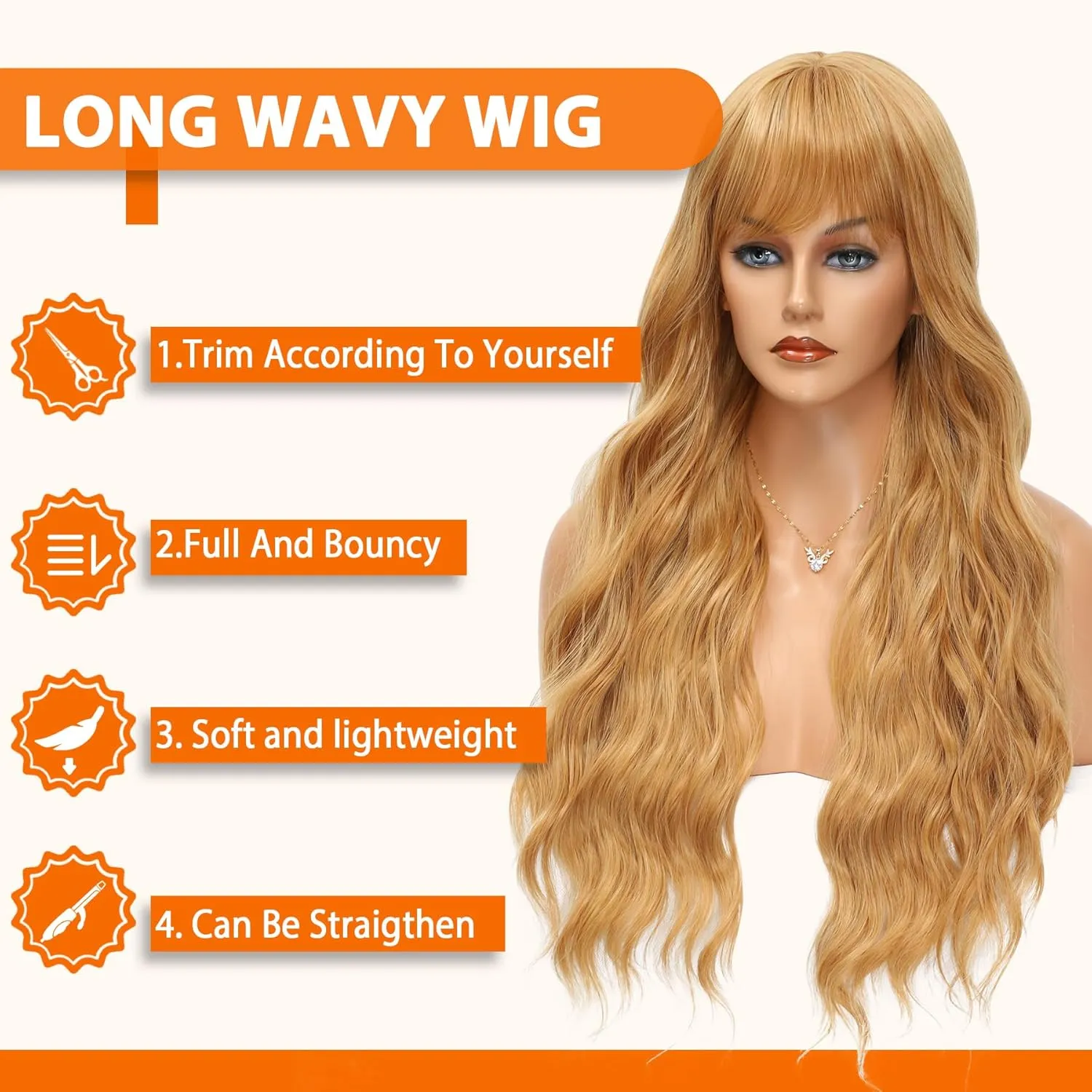 Vomella Honey Blonde Wig With Bangs 26 Inch Long Curly Wavy Synthetic Wig for Women