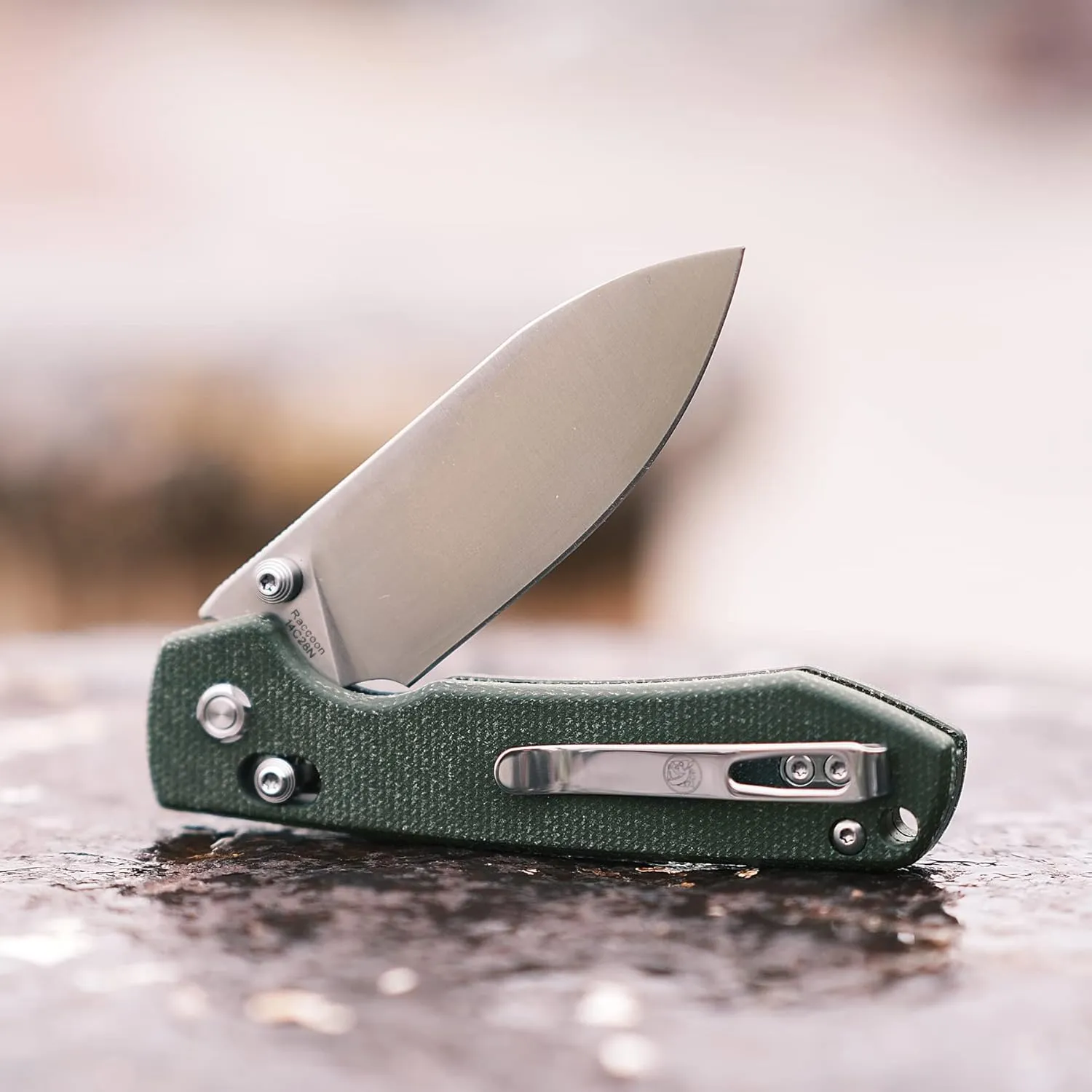 Vosteed EDC Knife, Lightweight Folding Pocket knife with Clip for Men and Women, Sharp Crossbar Lock Knife with 3.25" Sandvik 14C28N Steel Blade, Micarta Handle for Camping, Hiking - Raccoon