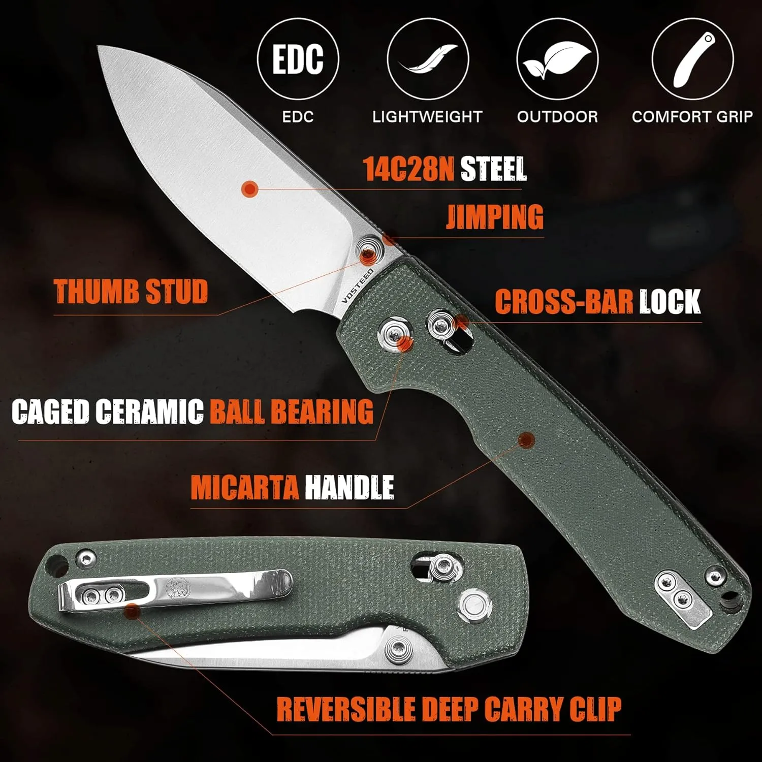 Vosteed EDC Knife, Lightweight Folding Pocket knife with Clip for Men and Women, Sharp Crossbar Lock Knife with 3.25" Sandvik 14C28N Steel Blade, Micarta Handle for Camping, Hiking - Raccoon