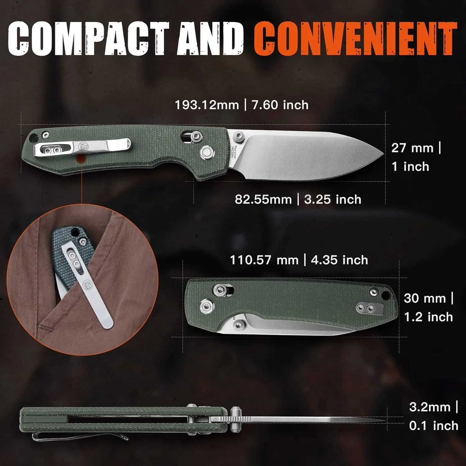 Vosteed EDC Knife, Lightweight Folding Pocket knife with Clip for Men and Women, Sharp Crossbar Lock Knife with 3.25" Sandvik 14C28N Steel Blade, Micarta Handle for Camping, Hiking - Raccoon