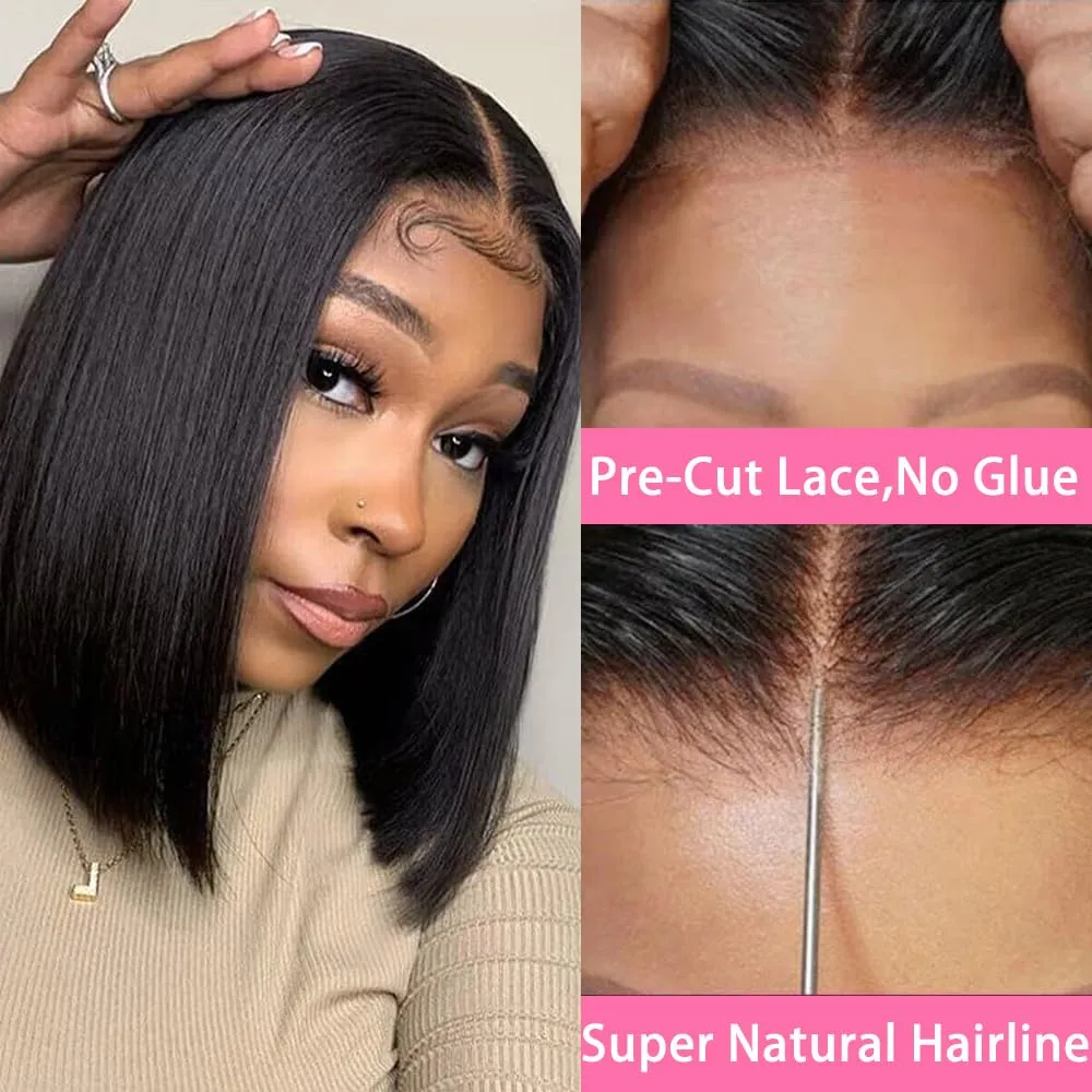 Wear and Go Glueless Bob Wigs Human Hair Pre Plucked Natural Hairline Straight Short Bob Wig 180 Density 4x4 HD Lace Closure Wig Human Hair for Women Brazilian Virgin Hair Natural Black 8 Inch