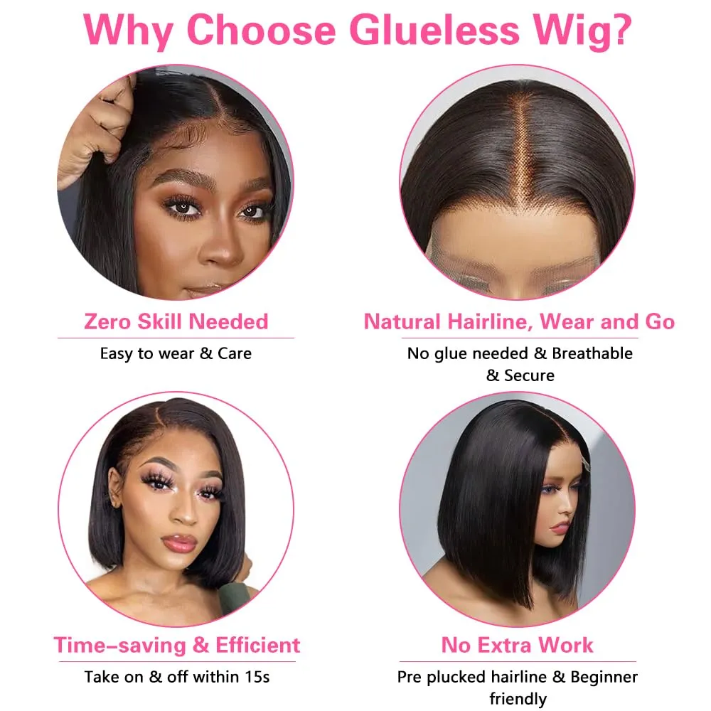 Wear and Go Glueless Bob Wigs Human Hair Pre Plucked Natural Hairline Straight Short Bob Wig 180 Density 4x4 HD Lace Closure Wig Human Hair for Women Brazilian Virgin Hair Natural Black 8 Inch