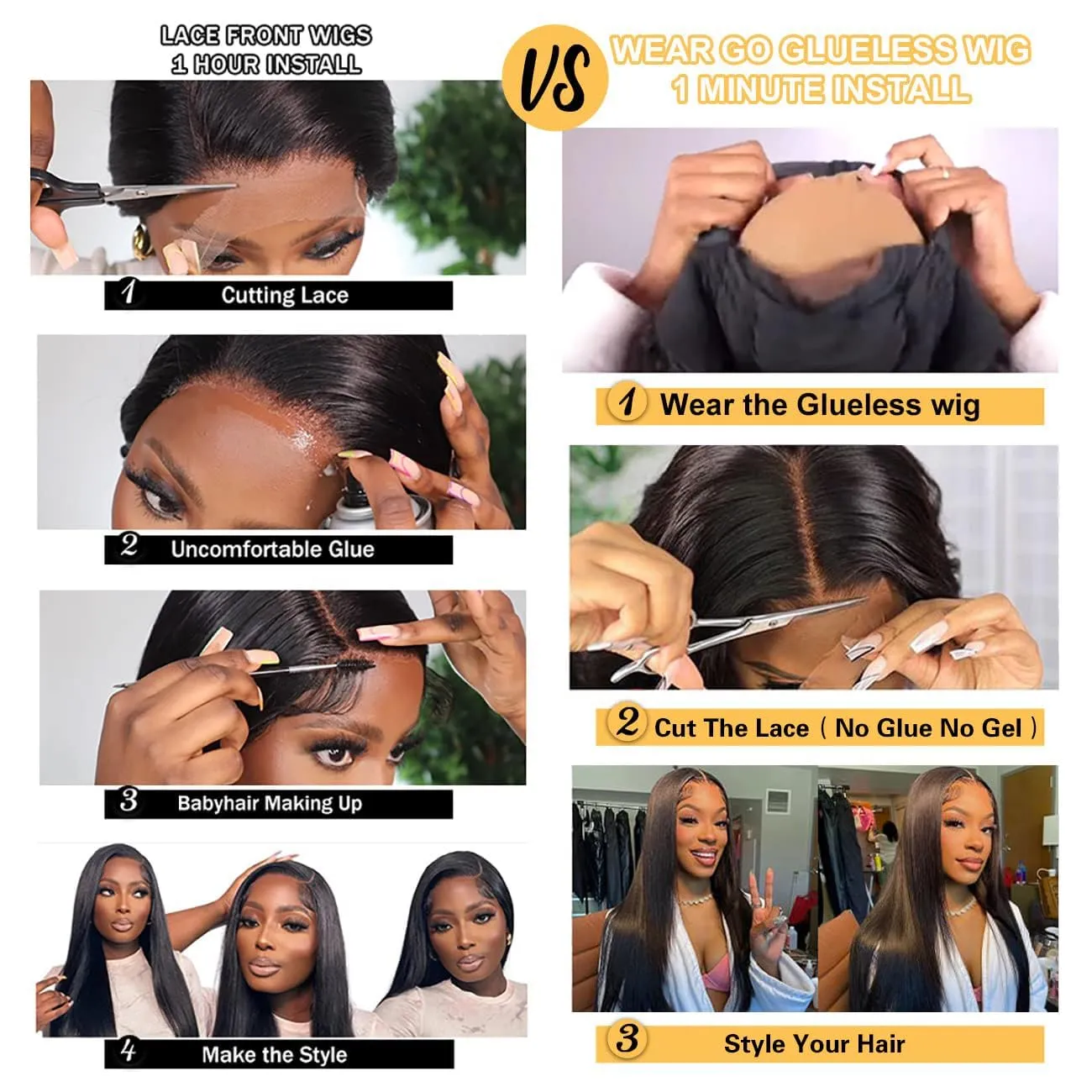 Wear and Go Glueless Bob Wigs Human Hair Pre Plucked Natural Hairline Straight Short Bob Wig 180 Density 4x4 HD Lace Closure Wig Human Hair for Women Brazilian Virgin Hair Natural Black 8 Inch