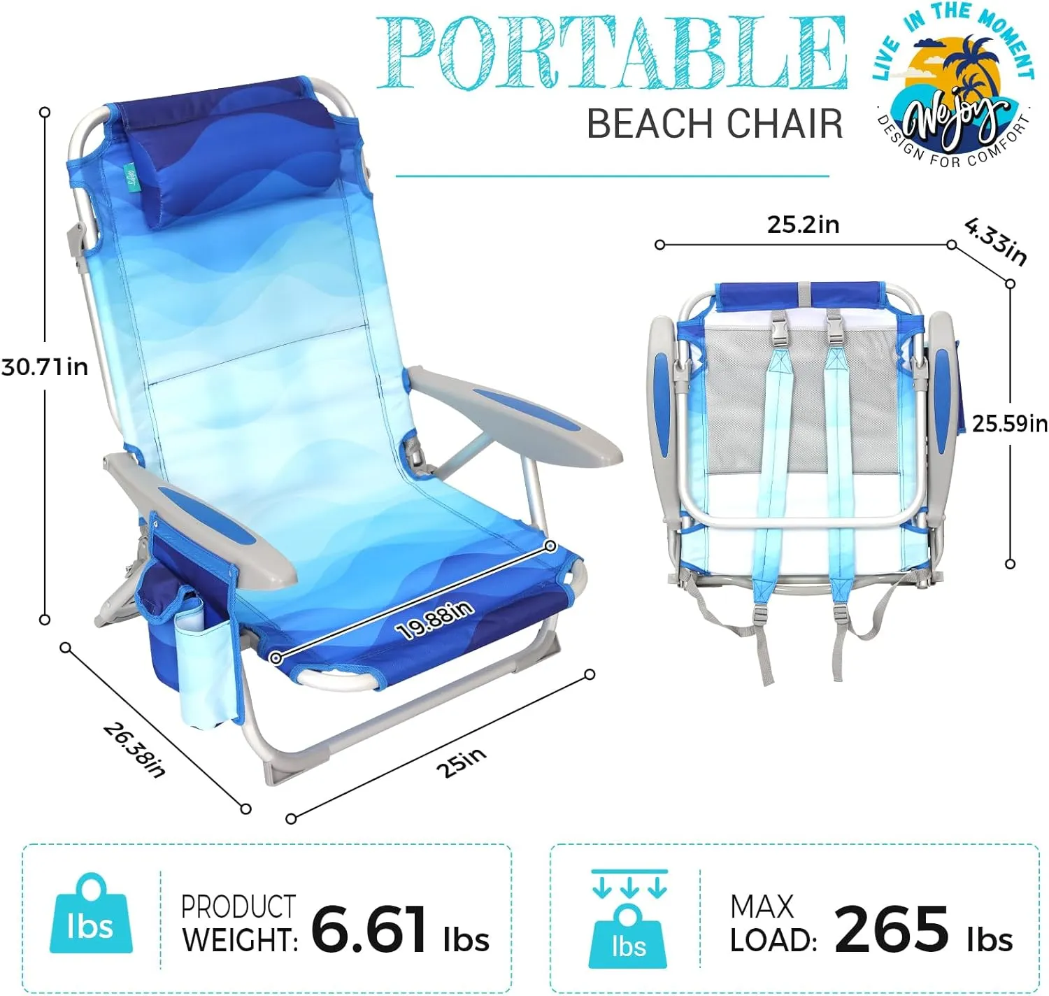 #WEJOY Folding Beach Chair for Adults, 4-Position Aluminum Lightweight Beach Chair, Low Sands Chairs with Shoulder Strap, Cup Holder and Padded Headrest, Supports 265lbs for Lawn