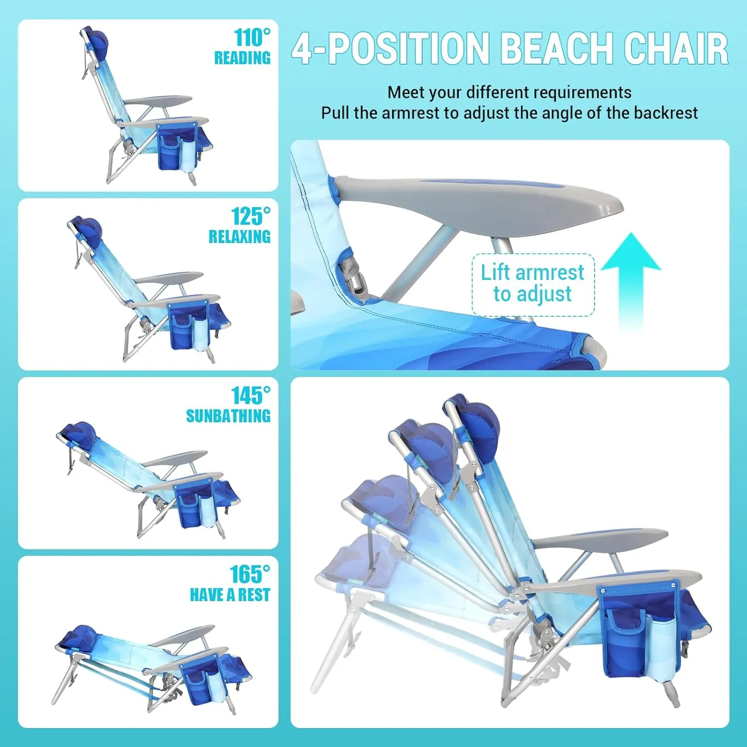 #WEJOY Folding Beach Chair for Adults, 4-Position Aluminum Lightweight Beach Chair, Low Sands Chairs with Shoulder Strap, Cup Holder and Padded Headrest, Supports 265lbs for Lawn