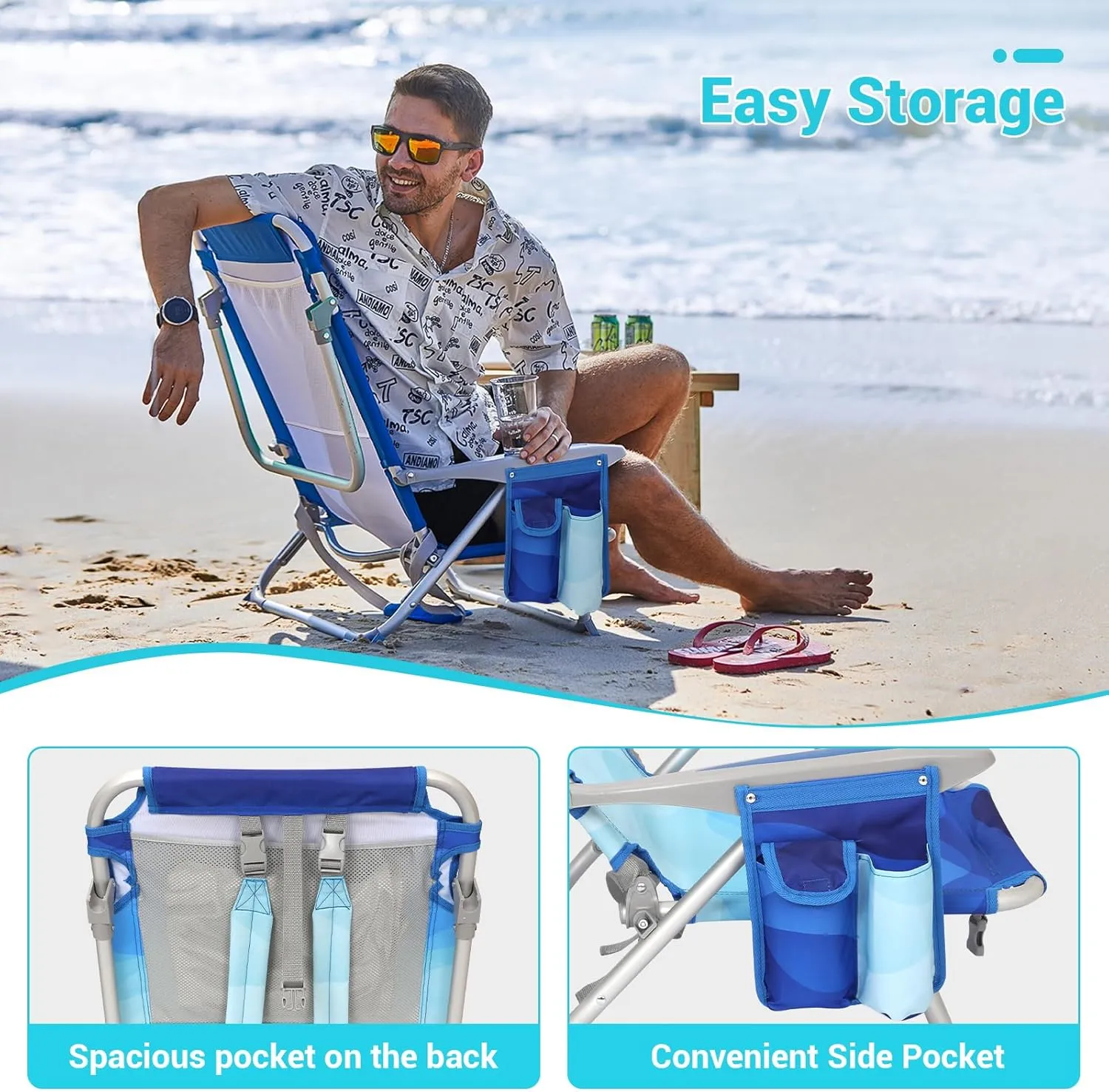#WEJOY Folding Beach Chair for Adults, 4-Position Aluminum Lightweight Beach Chair, Low Sands Chairs with Shoulder Strap, Cup Holder and Padded Headrest, Supports 265lbs for Lawn