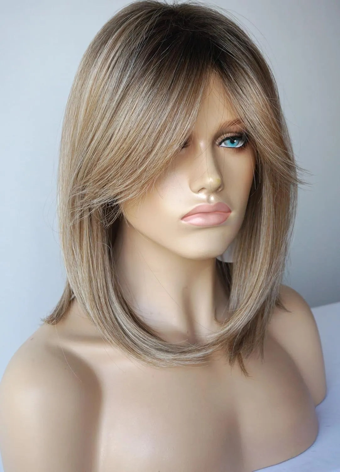 Wigs for white women blonde bob wig medium length wigs for women blonde with dark roots Synthetic wig for white Women (Blobde mixed bob)