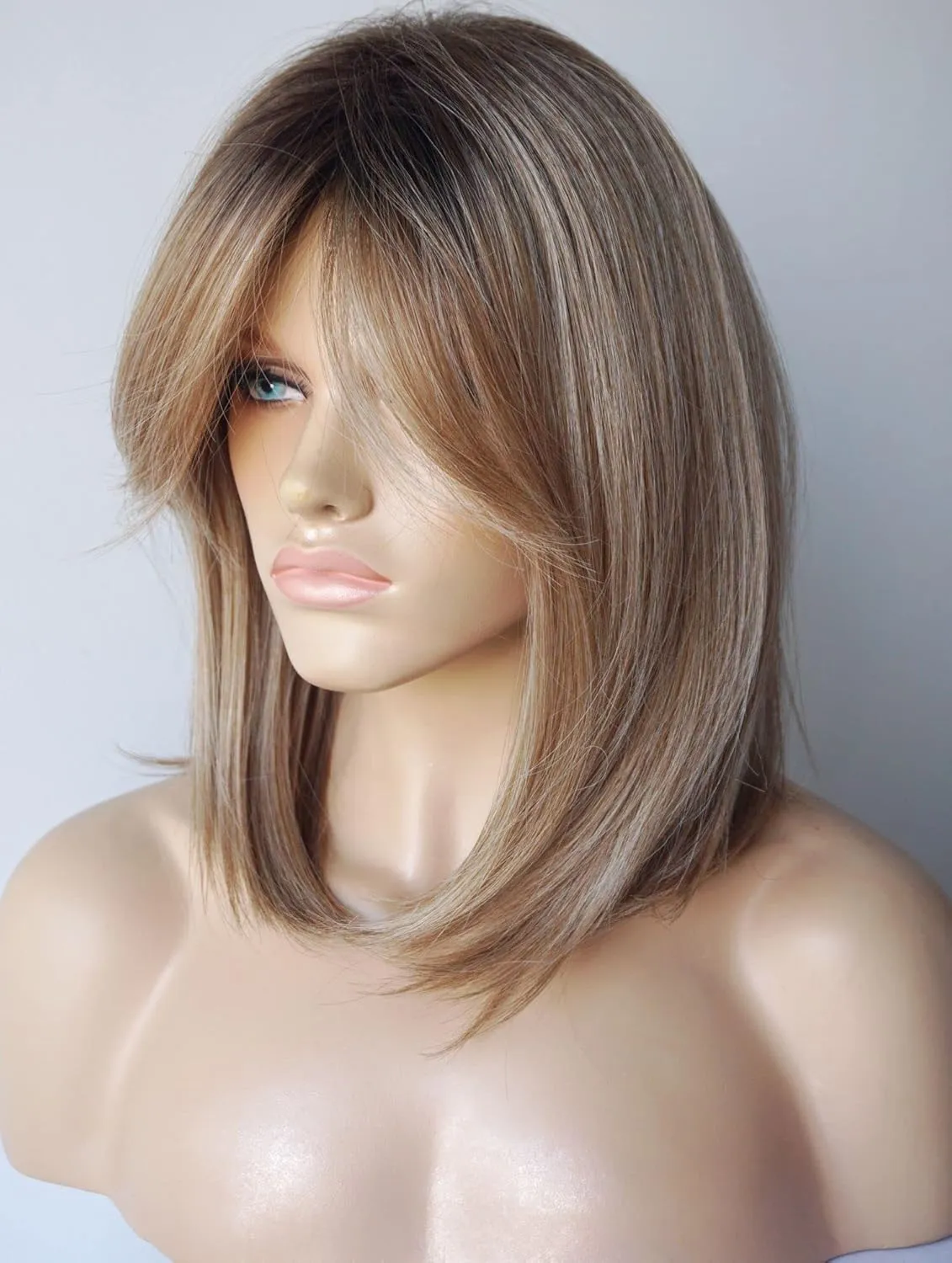 Wigs for white women blonde bob wig medium length wigs for women blonde with dark roots Synthetic wig for white Women (Blobde mixed bob)