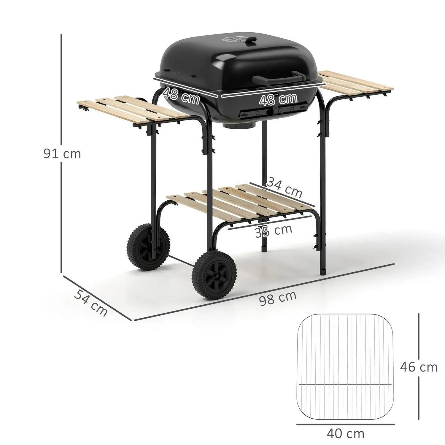 With 1840 Wheels Grill For Best priced Shelves, Barbecue Area, Cm² Outdoor Party, BBQ Lockable Vent, Bold Black Cooking Adjustable Garden Outsunny Lid, Charcoal 3 Portable