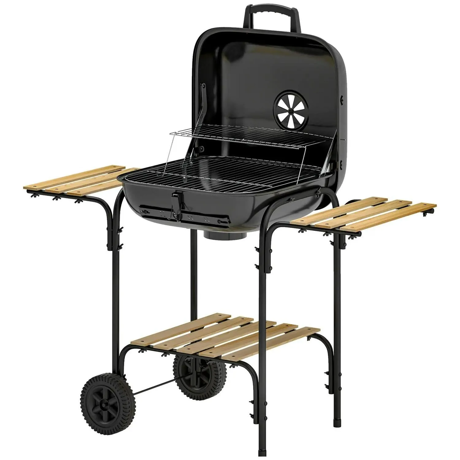 With 1840 Wheels Grill For Best priced Shelves, Barbecue Area, Cm² Outdoor Party, BBQ Lockable Vent, Bold Black Cooking Adjustable Garden Outsunny Lid, Charcoal 3 Portable