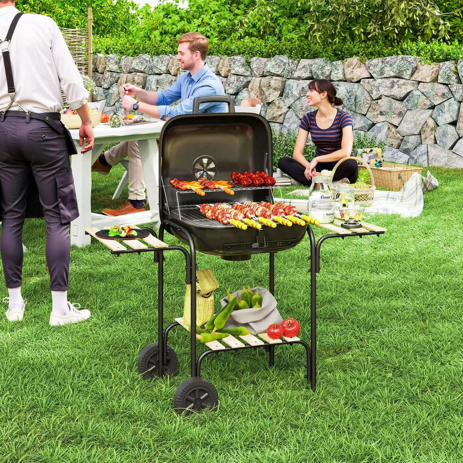 With 1840 Wheels Grill For Best priced Shelves, Barbecue Area, Cm² Outdoor Party, BBQ Lockable Vent, Bold Black Cooking Adjustable Garden Outsunny Lid, Charcoal 3 Portable
