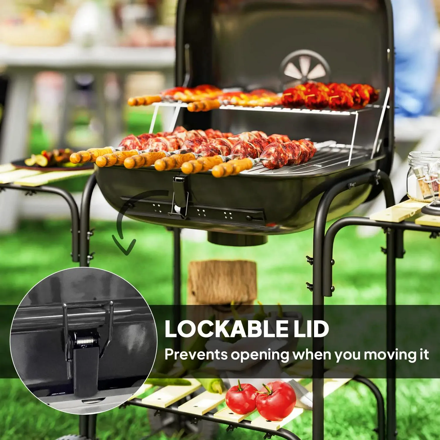 With 1840 Wheels Grill For Best priced Shelves, Barbecue Area, Cm² Outdoor Party, BBQ Lockable Vent, Bold Black Cooking Adjustable Garden Outsunny Lid, Charcoal 3 Portable