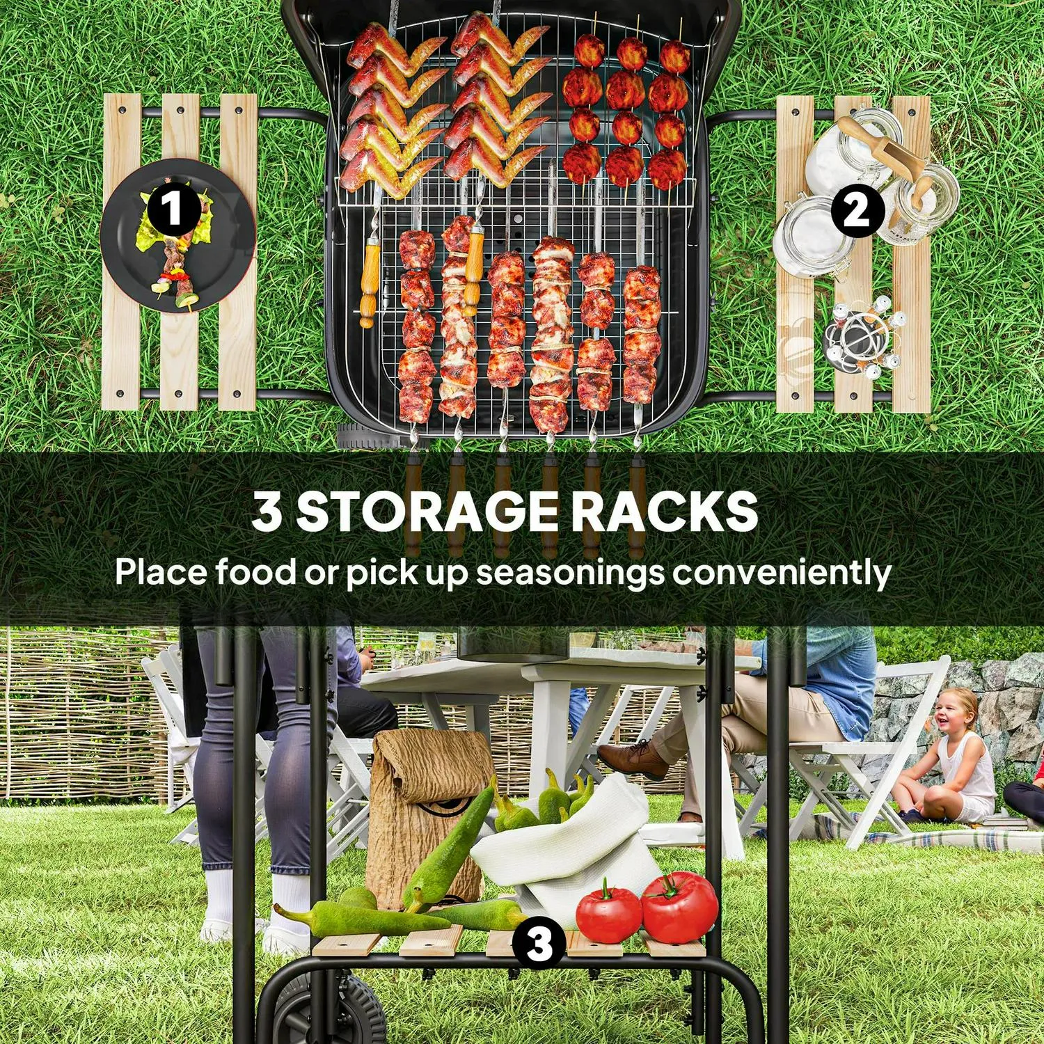 With 1840 Wheels Grill For Best priced Shelves, Barbecue Area, Cm² Outdoor Party, BBQ Lockable Vent, Bold Black Cooking Adjustable Garden Outsunny Lid, Charcoal 3 Portable