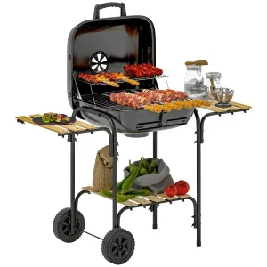 With 1840 Wheels Grill For Best priced Shelves, Barbecue Area, Cm² Outdoor Party, BBQ Lockable Vent, Bold Black Cooking Adjustable Garden Outsunny Lid, Charcoal 3 Portable