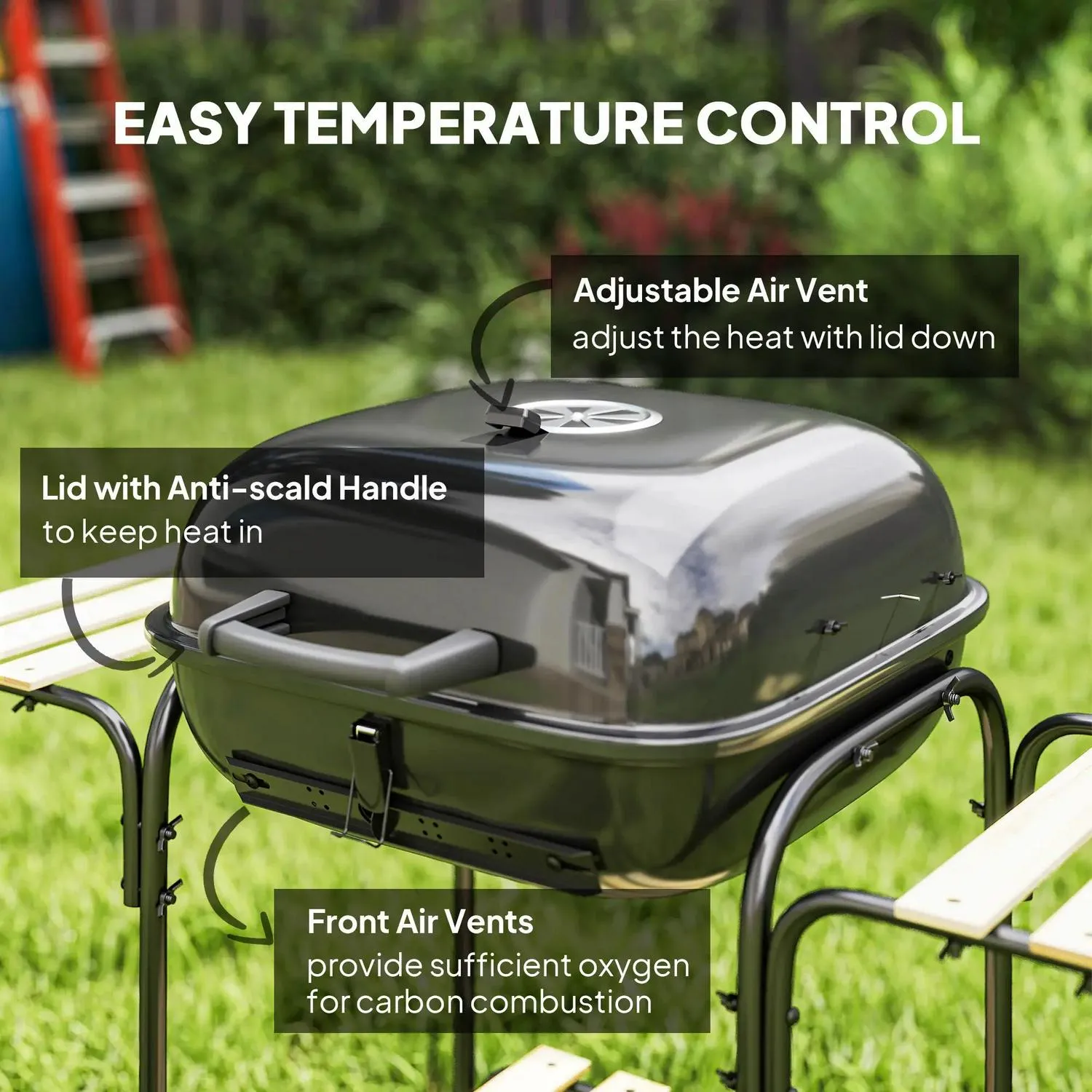 With 1840 Wheels Grill For Best priced Shelves, Barbecue Area, Cm² Outdoor Party, BBQ Lockable Vent, Bold Black Cooking Adjustable Garden Outsunny Lid, Charcoal 3 Portable