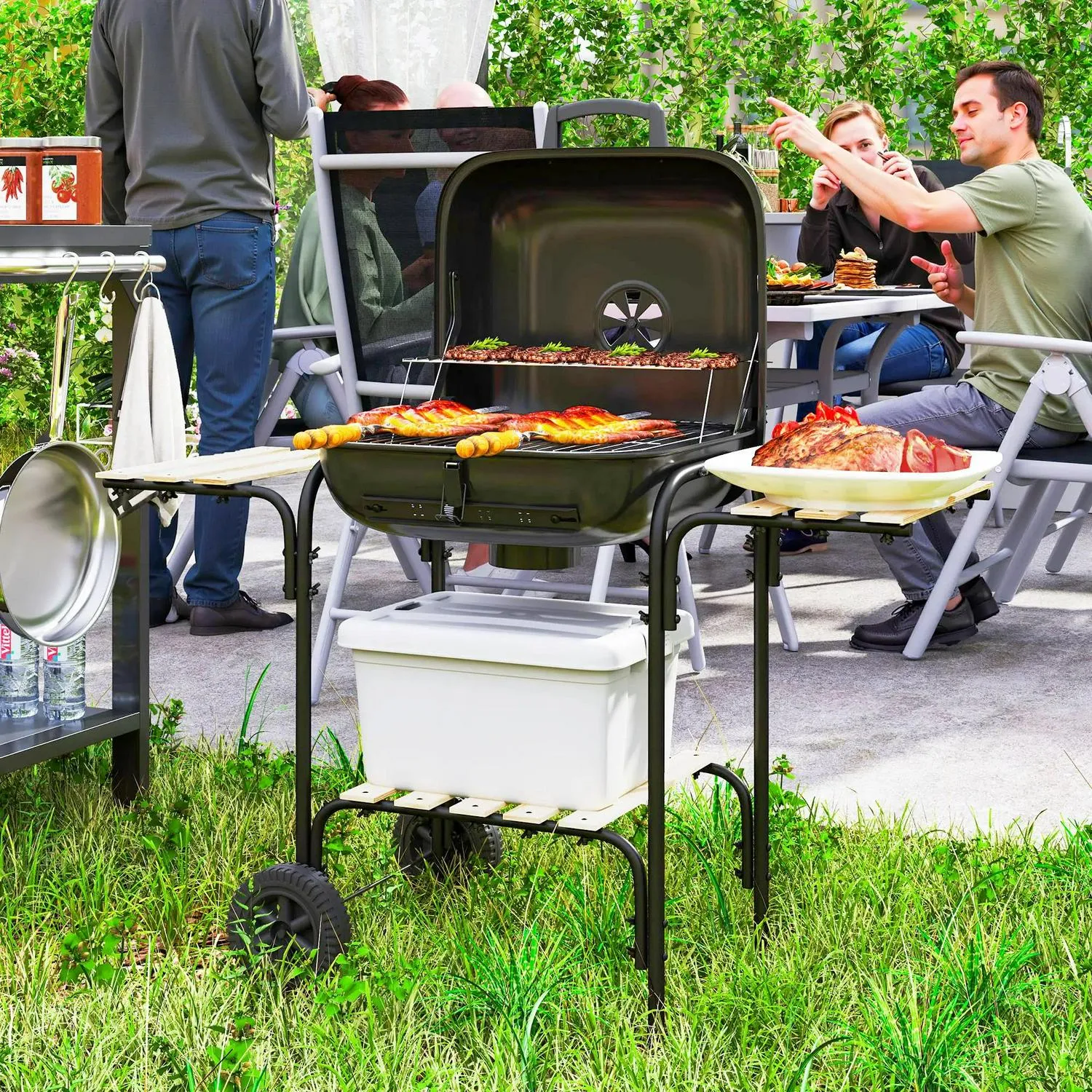 With 1840 Wheels Grill For Best priced Shelves, Barbecue Area, Cm² Outdoor Party, BBQ Lockable Vent, Bold Black Cooking Adjustable Garden Outsunny Lid, Charcoal 3 Portable