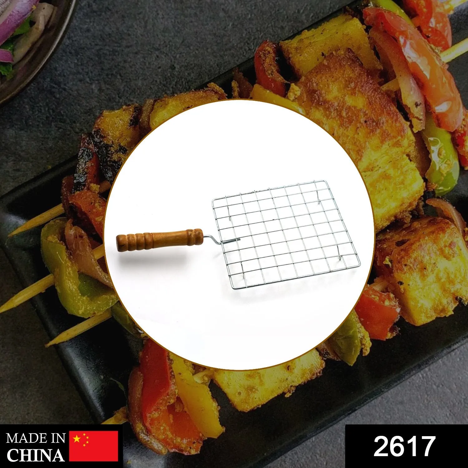 Wooden Barbecue Steel Handle with Stainless Reduced prices Square Grill Full assortment
