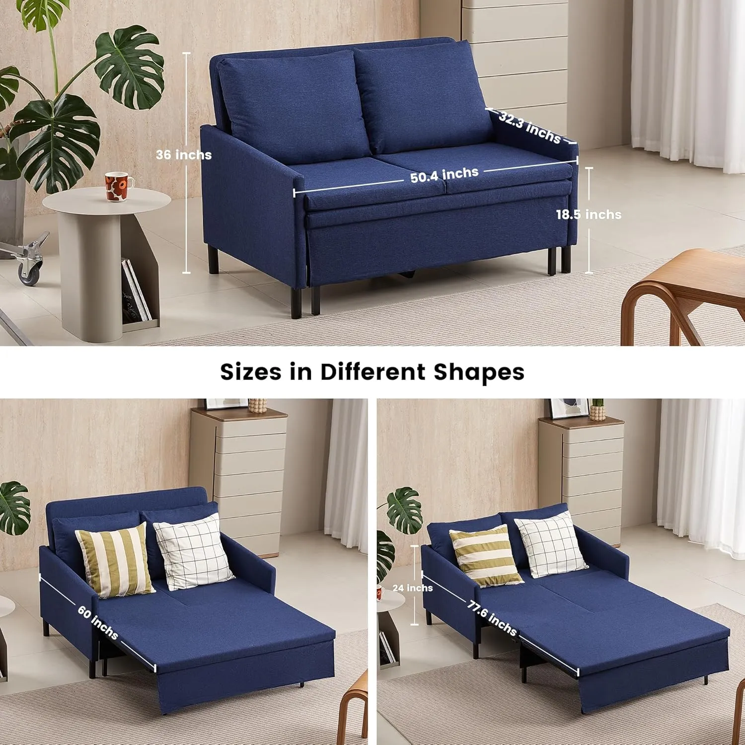XSPRACER 3-in-1 Convertible Sleeper Sofa, Loveseat Sofa Couch with Pullout Bed and Storage for Living Room, Bedroom, Balcony, RV, Linen, Denim Blue
