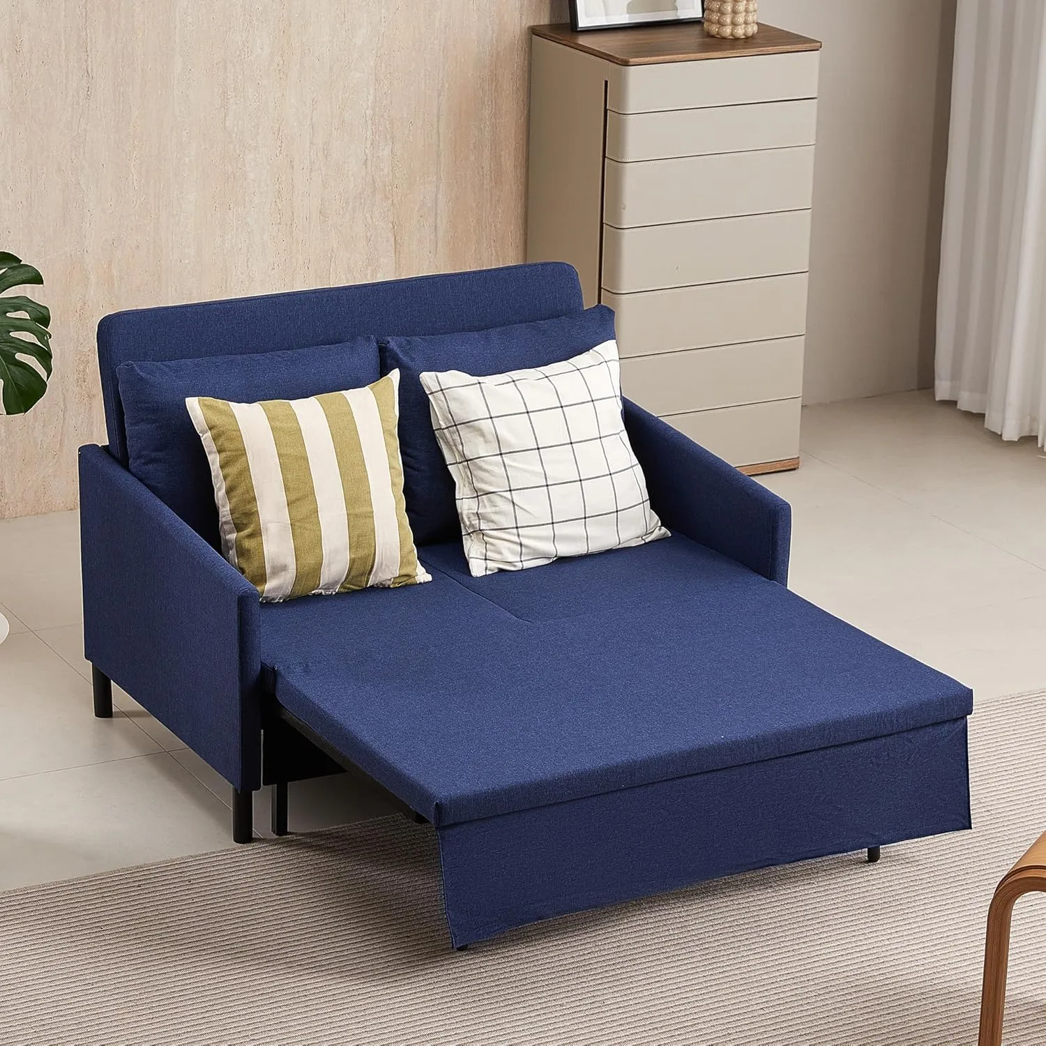 XSPRACER 3-in-1 Convertible Sleeper Sofa, Loveseat Sofa Couch with Pullout Bed and Storage for Living Room, Bedroom, Balcony, RV, Linen, Denim Blue
