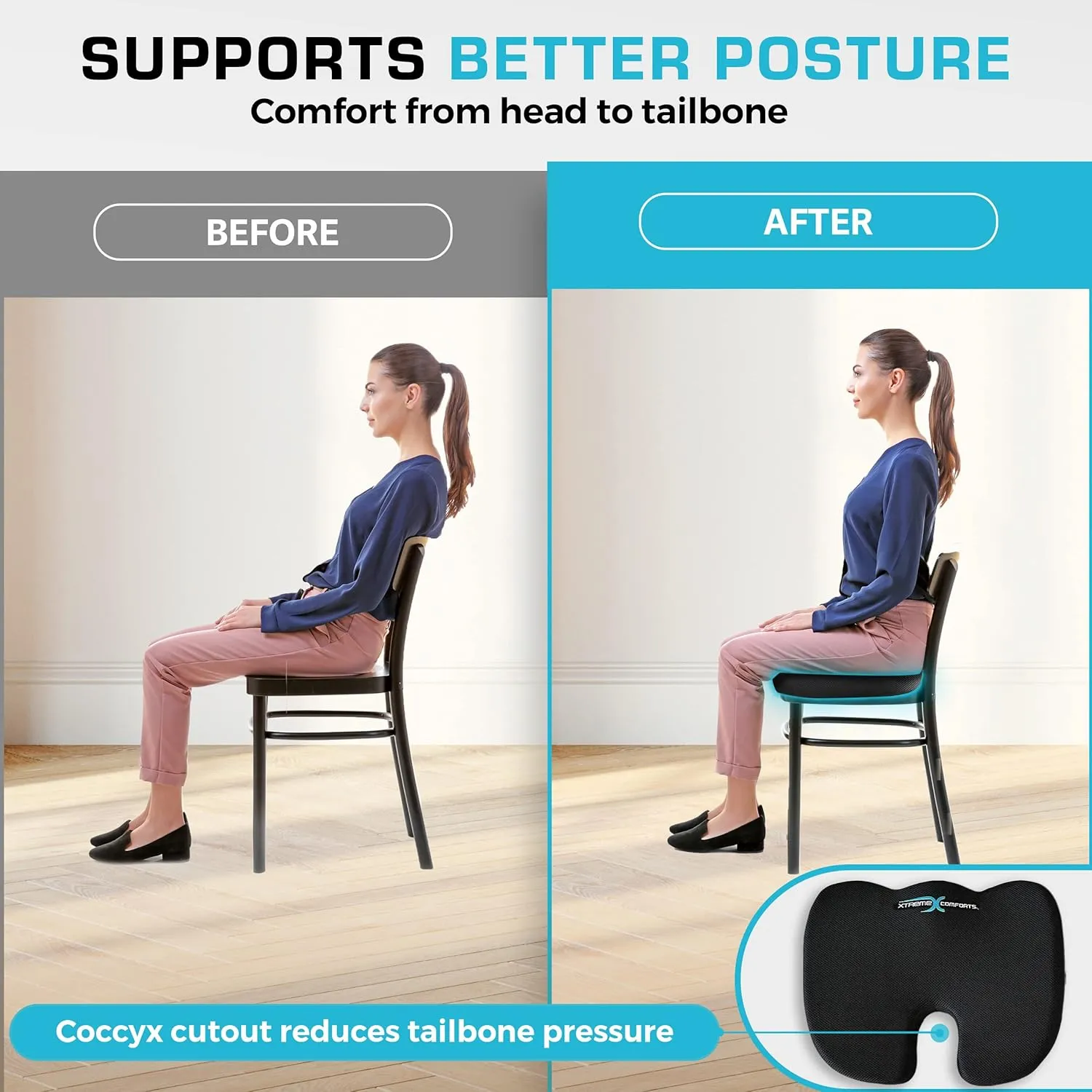 Xtreme Comforts Desk Chair Cushions for Back Support and Tailbone Relief - Memory Foam Coccyx Seat Cushion w/Handle & Bag for Home Office or Travel - Original
