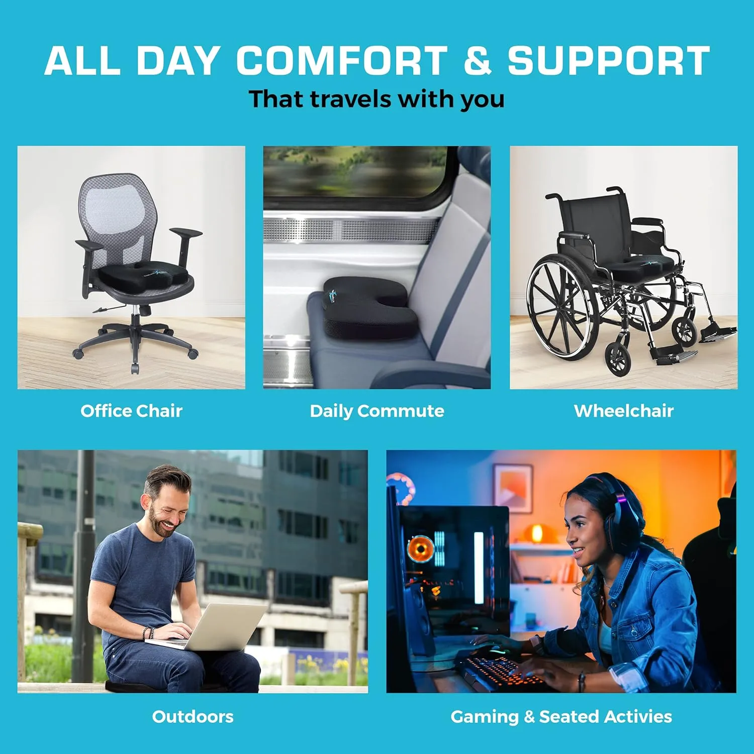 Xtreme Comforts Desk Chair Cushions for Back Support and Tailbone Relief - Memory Foam Coccyx Seat Cushion w/Handle & Bag for Home Office or Travel - Original