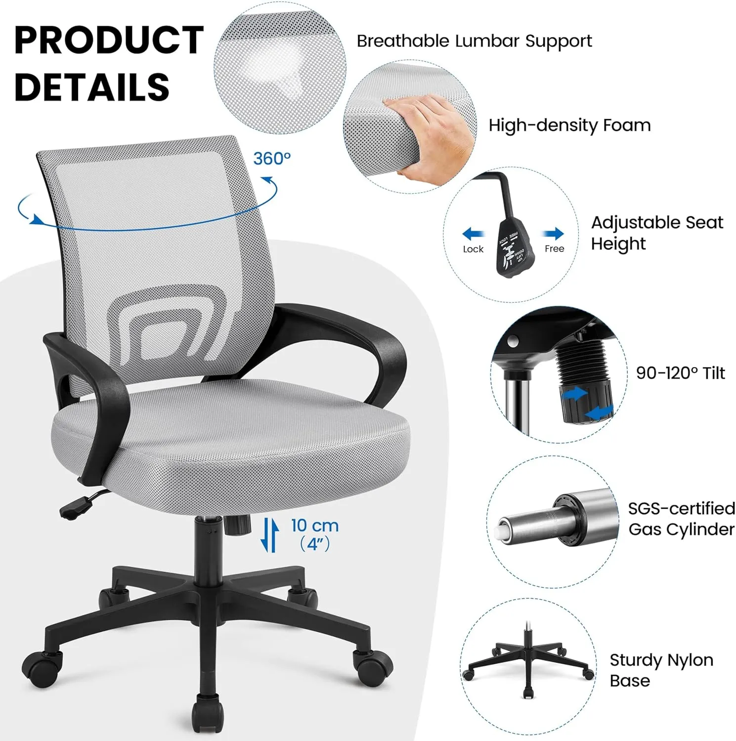Yaheetech 2pcs Ergonomic Desk Chair Mesh Computer Chair with Lumbar Support Armrest Executive Rolling Swivel Adjustable Mid Back Task Chair for Women Adults, Grey
