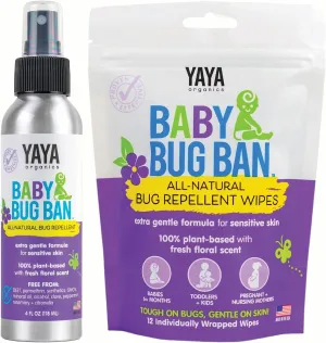 YAYA ORGANICS Baby Bug Ban Spray   Wipe Bundle - All-Natural Repellent Made with Essential Oils for Babies, Little Kids and Sensitive Skin (4 Ounce Spray   12-Pack Wipe)