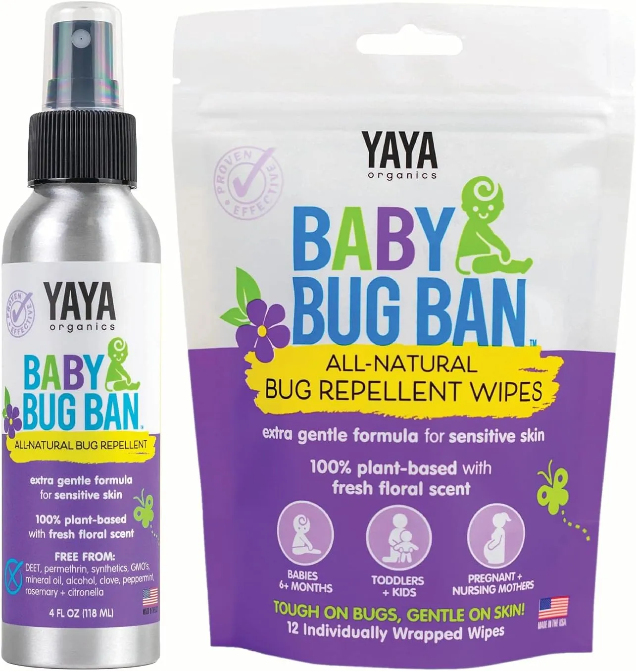 YAYA ORGANICS Baby Bug Ban Spray   Wipe Bundle - All-Natural Repellent Made with Essential Oils for Babies, Little Kids and Sensitive Skin (4 Ounce Spray   12-Pack Wipe)