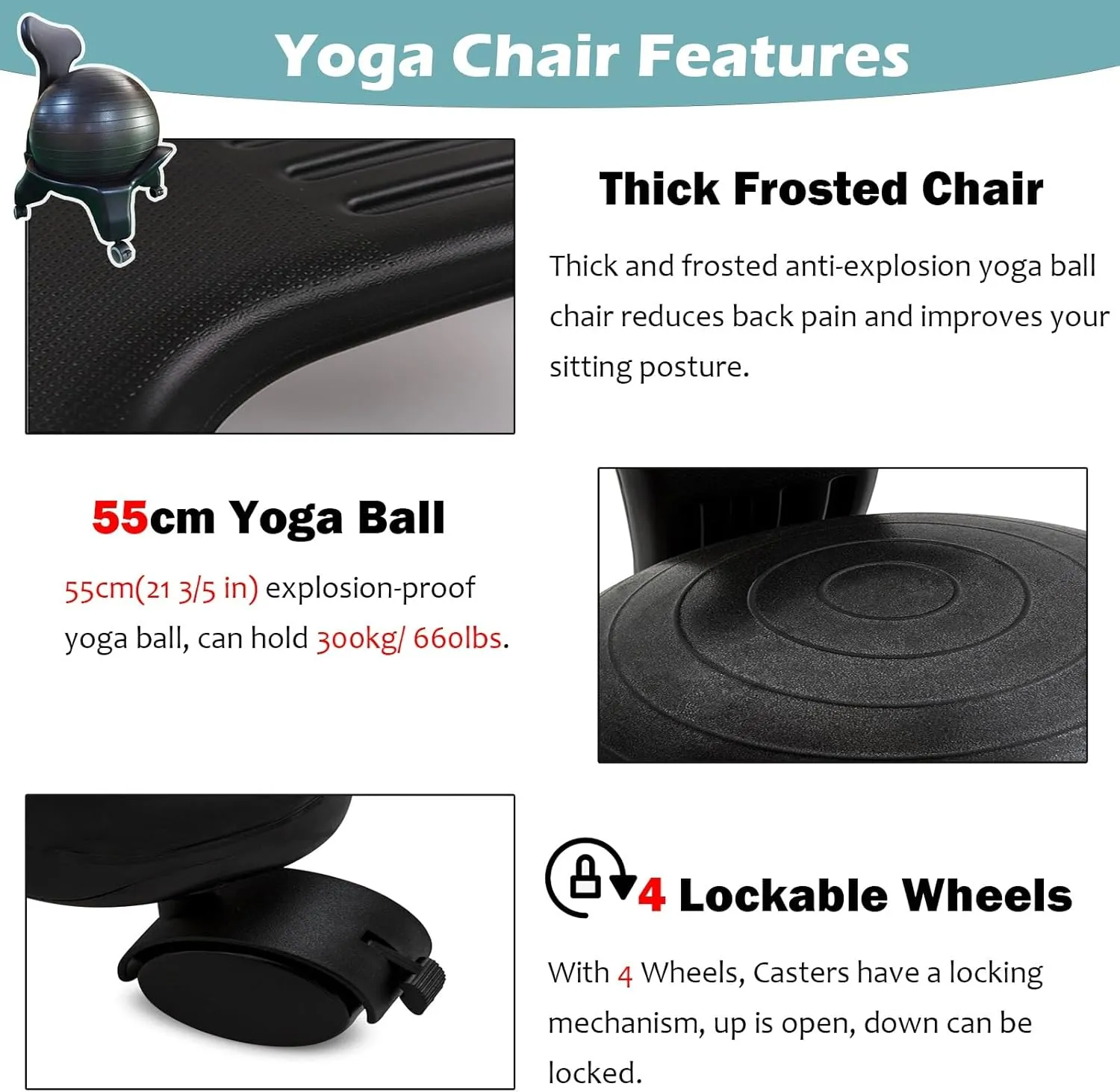 Yoga Balance Exercise Bouncy Ball Chair Ergonomic Office Yoga Ball Chairs, Balance Stability Ball Posture Chair for Gym/ Living Room/ Classroom, Bouncy Ball Seat with 4 Lockable Wheels(Chairs Black Yo