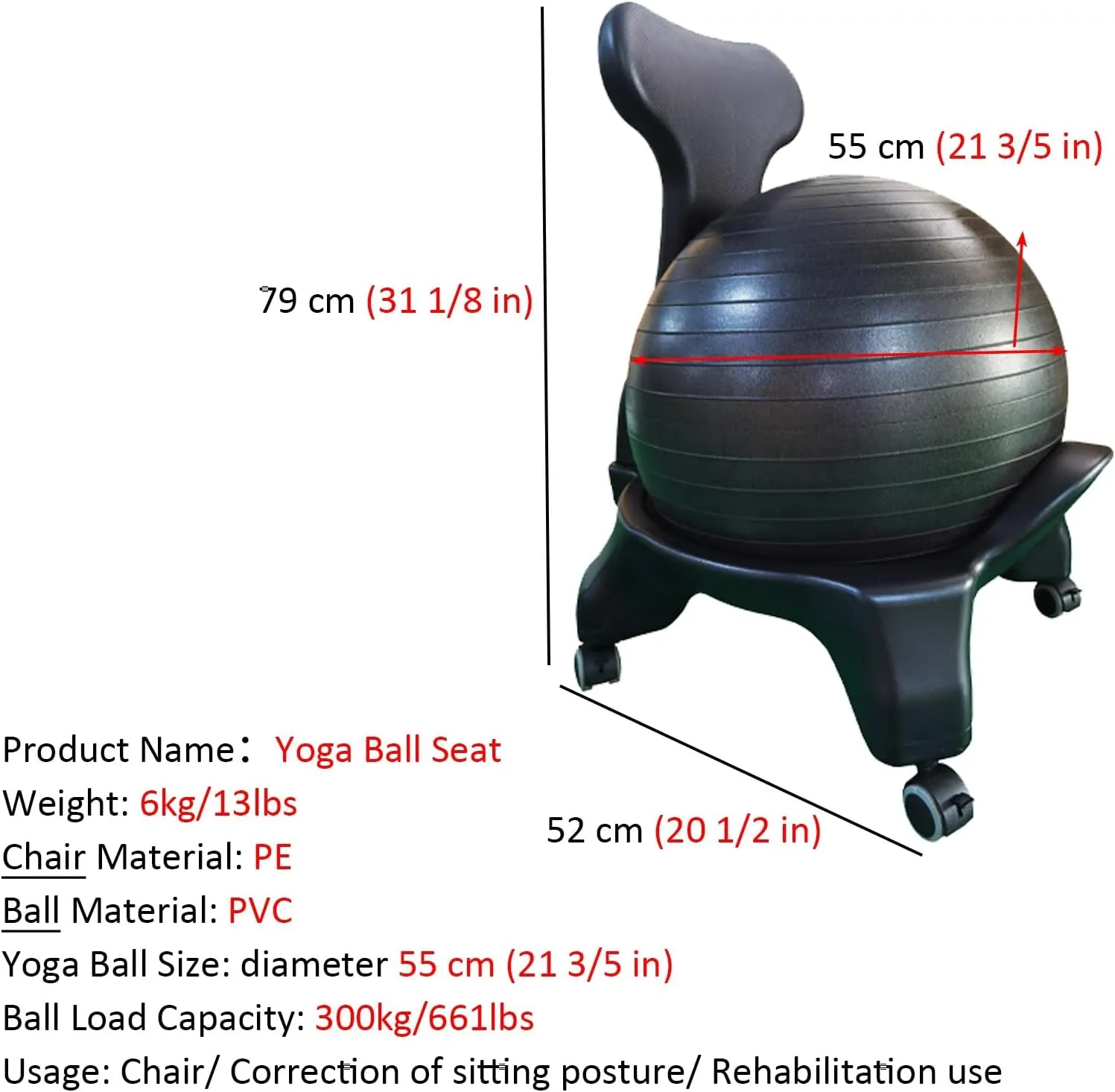 Yoga Balance Exercise Bouncy Ball Chair Ergonomic Office Yoga Ball Chairs, Balance Stability Ball Posture Chair for Gym/ Living Room/ Classroom, Bouncy Ball Seat with 4 Lockable Wheels(Chairs Black Yo