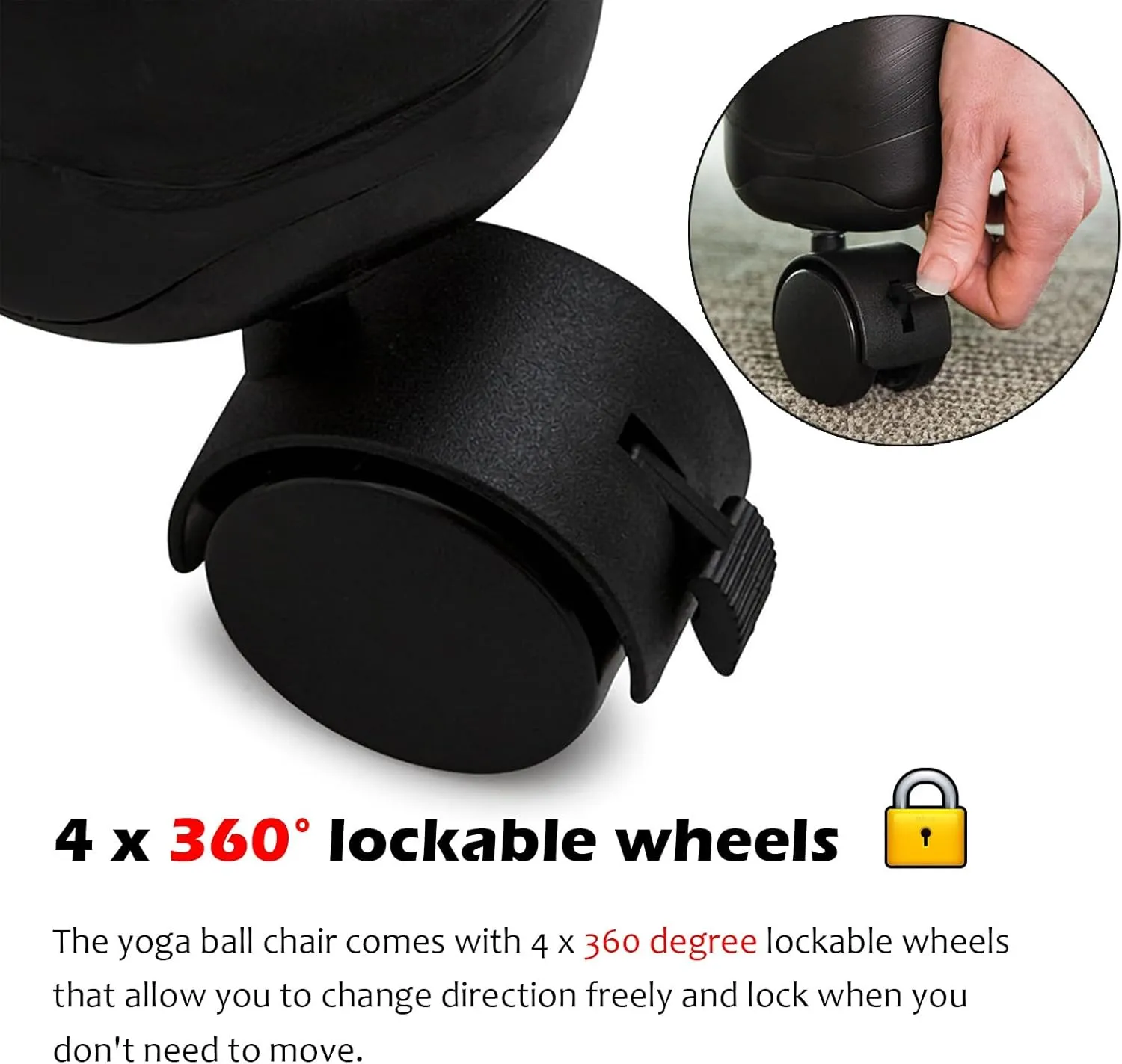 Yoga Balance Exercise Bouncy Ball Chair Ergonomic Office Yoga Ball Chairs, Balance Stability Ball Posture Chair for Gym/ Living Room/ Classroom, Bouncy Ball Seat with 4 Lockable Wheels(Chairs Black Yo