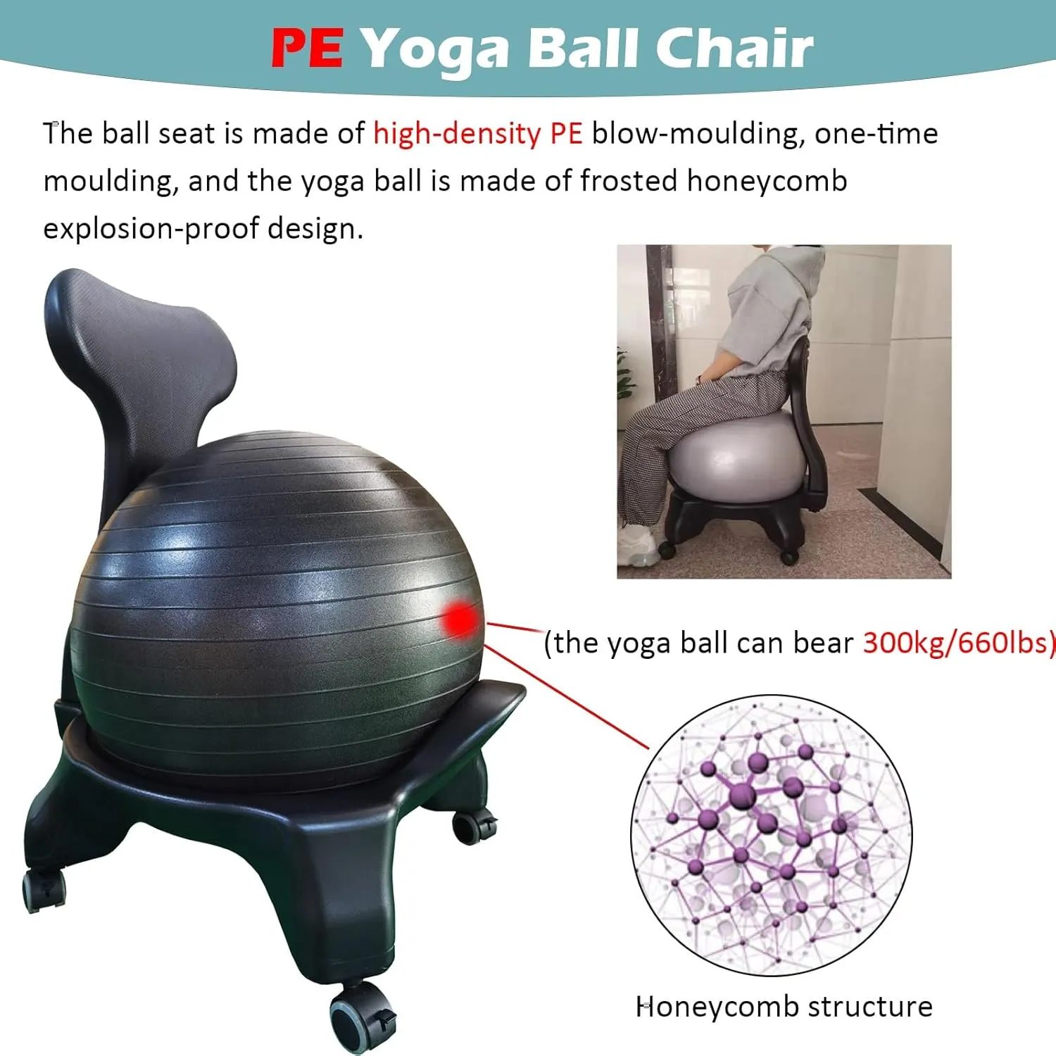 Yoga Balance Exercise Bouncy Ball Chair Ergonomic Office Yoga Ball Chairs, Balance Stability Ball Posture Chair for Gym/ Living Room/ Classroom, Bouncy Ball Seat with 4 Lockable Wheels(Chairs Black Yo