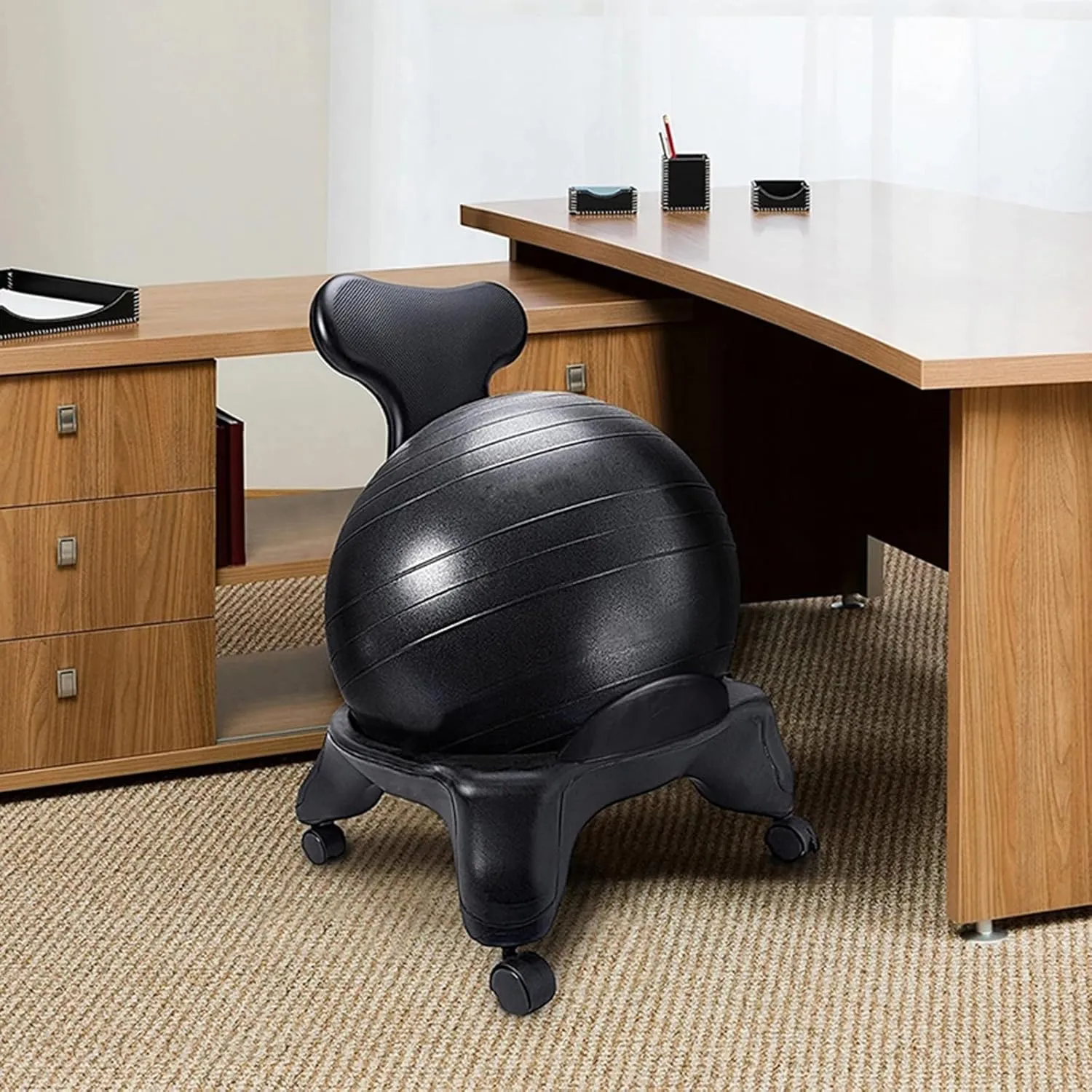 Yoga Balance Exercise Bouncy Ball Chair Ergonomic Office Yoga Ball Chairs, Balance Stability Ball Posture Chair for Gym/ Living Room/ Classroom, Bouncy Ball Seat with 4 Lockable Wheels(Chairs Black Yo