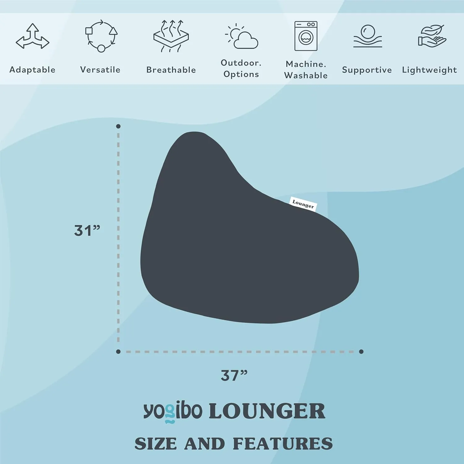 Yogibo Lounger Small Bean Bag Lounge Chair for Adults, Kids and Teens, Soft, Plush, Comfy, Sensory, Gaming Beanbag, Washable Cover, Blue