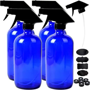 Youngever 4 Pack 16 Ounce Empty Glass Spray Bottles, Refillable Container for Essential Oils, Cleaning Products, or Aromatherapy, Trigger Sprayer with Mist and Stream Settings (Blue)