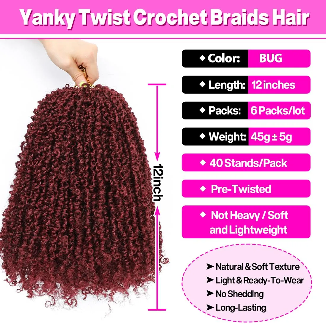 Youngther Yanky twist crochet hair Pre-Twisted Fluffy Spring Twist with curly crochet hair for black women crochet hair pre looped Synthetic hair extension（12inch BUG 6PCS）
