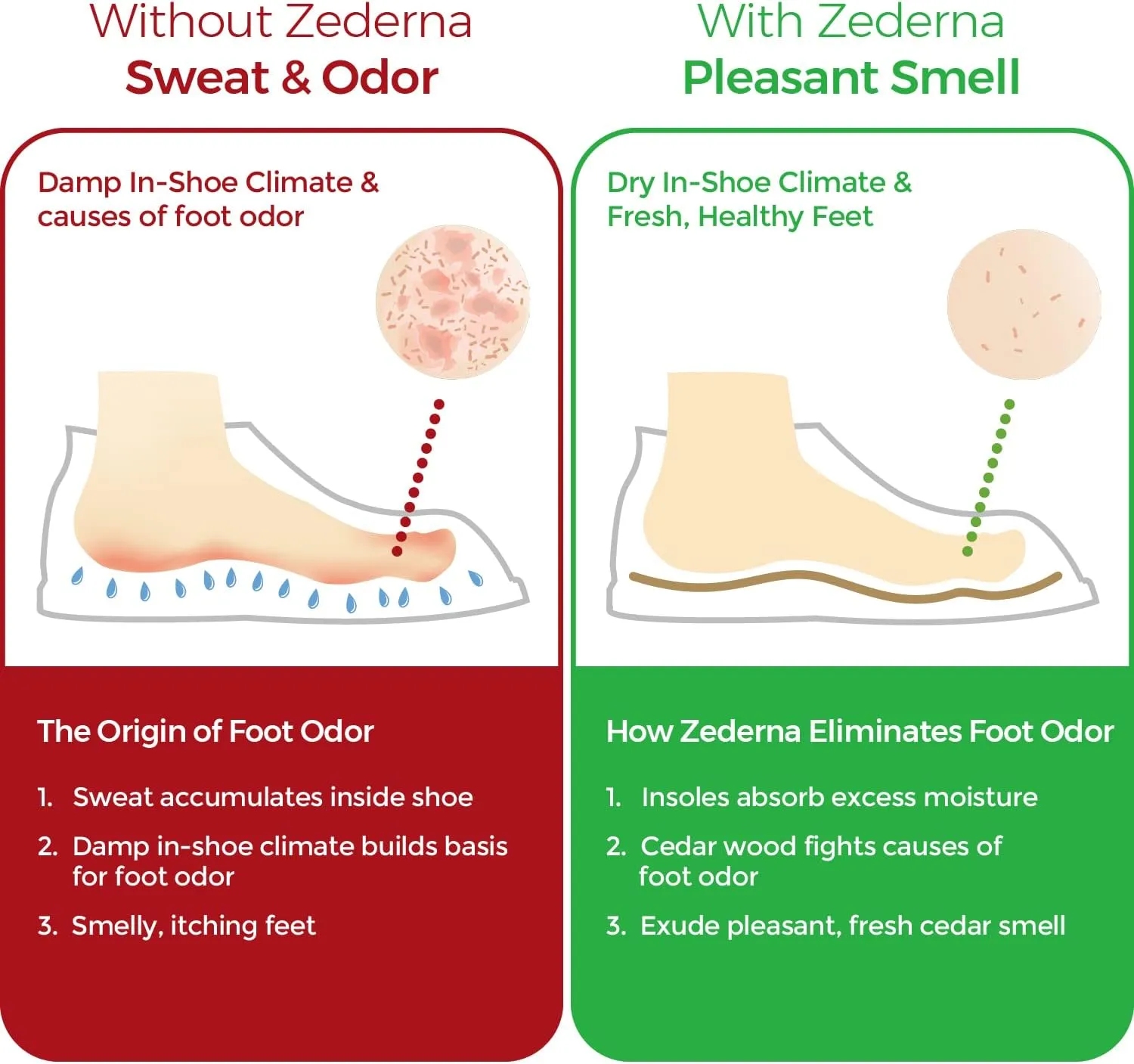 ZEDERNA Cedar Wood Shoe Insoles: Natural solution for sweaty feet, foot odor, athletes foot (Pack of 3), US Womens 12/US Men 10.5/EU 44, Cedar/Red