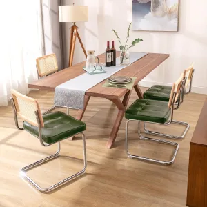Zesthouse Natural Rattan Dining Chairs Set of 4, Modern Dining Room Chairs with Solid Wood Back for Kitchen Living Room, Mid Century Breuer Design Inspired, Upholstered Faux Leather Green