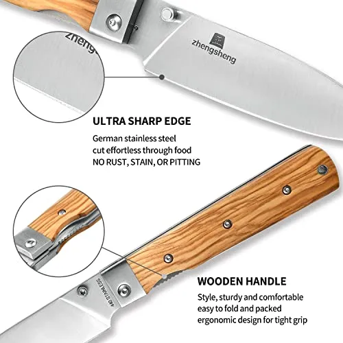 ZhengSheng 4.5" Folding Utility Knife 440A Stainless Steel Blade Natural Olive Handle Pocket Foldable Fruit knife peeling knife for Outdoor Camping Activities