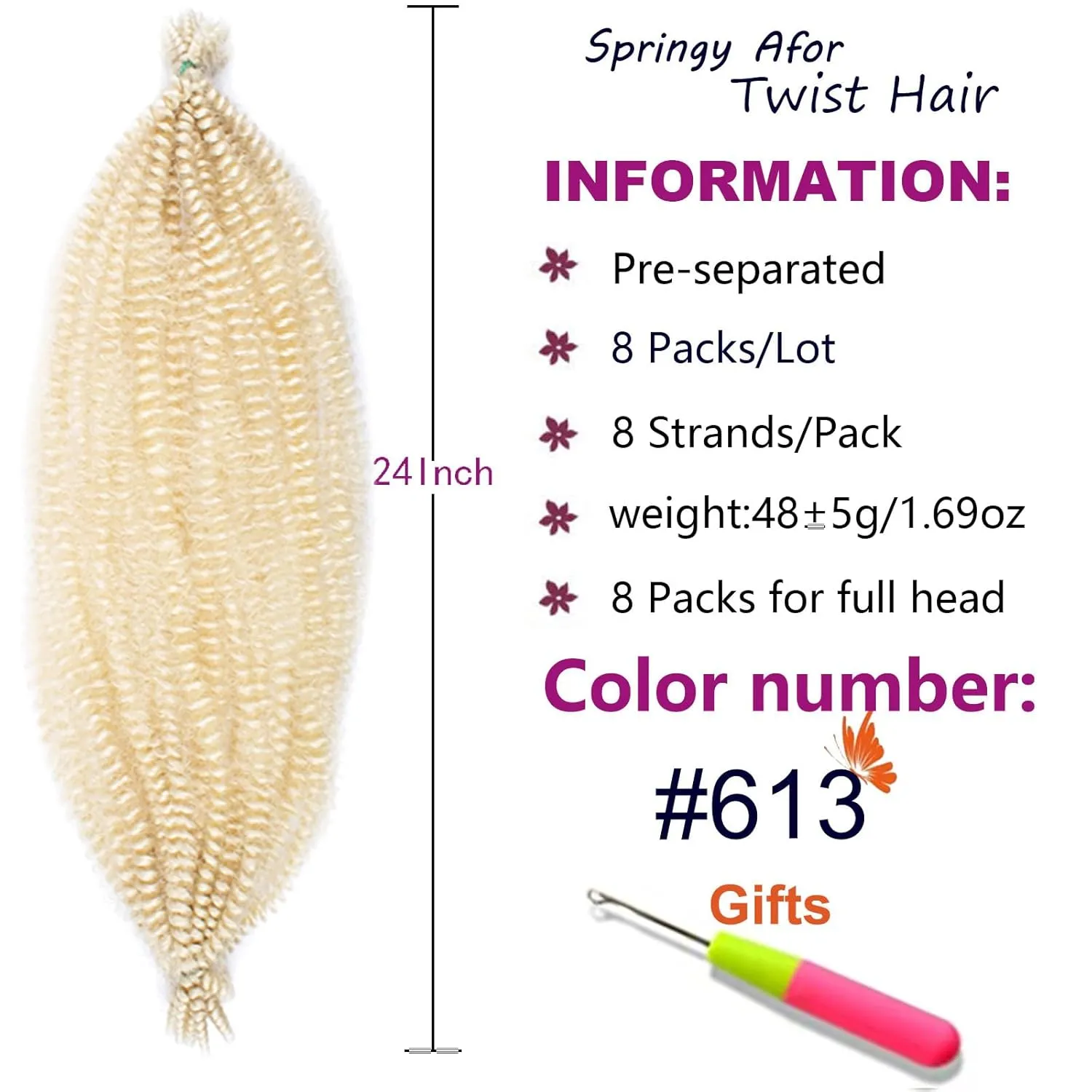 ZRQ 24 Inch Pre-Separated Springy Afro Twist Hair For Distressed Locs 8 Packs Marley Crochet Braiding Hair Blond Synthetic Hair Extension For Black Women 8 Strands/Pack (613#)