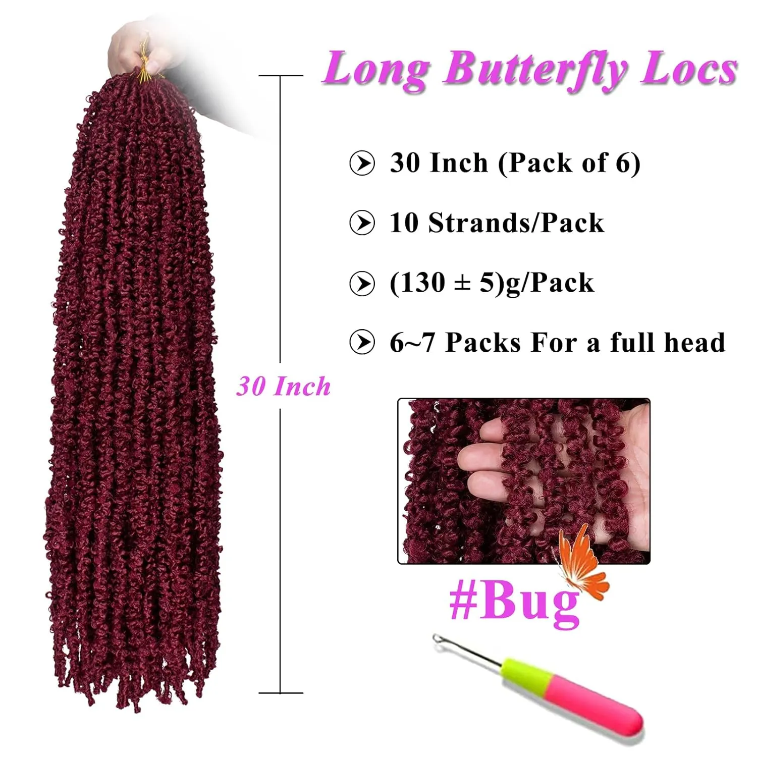 ZRQ 6 Packs 30 Inch Butterfly Locs Crochet Hair for Women Burgundy Pre-Looped Distressed Faux Locs Synthetic Soft Locs Crochet Braids Hair Extension (30 Inch, BUG#）