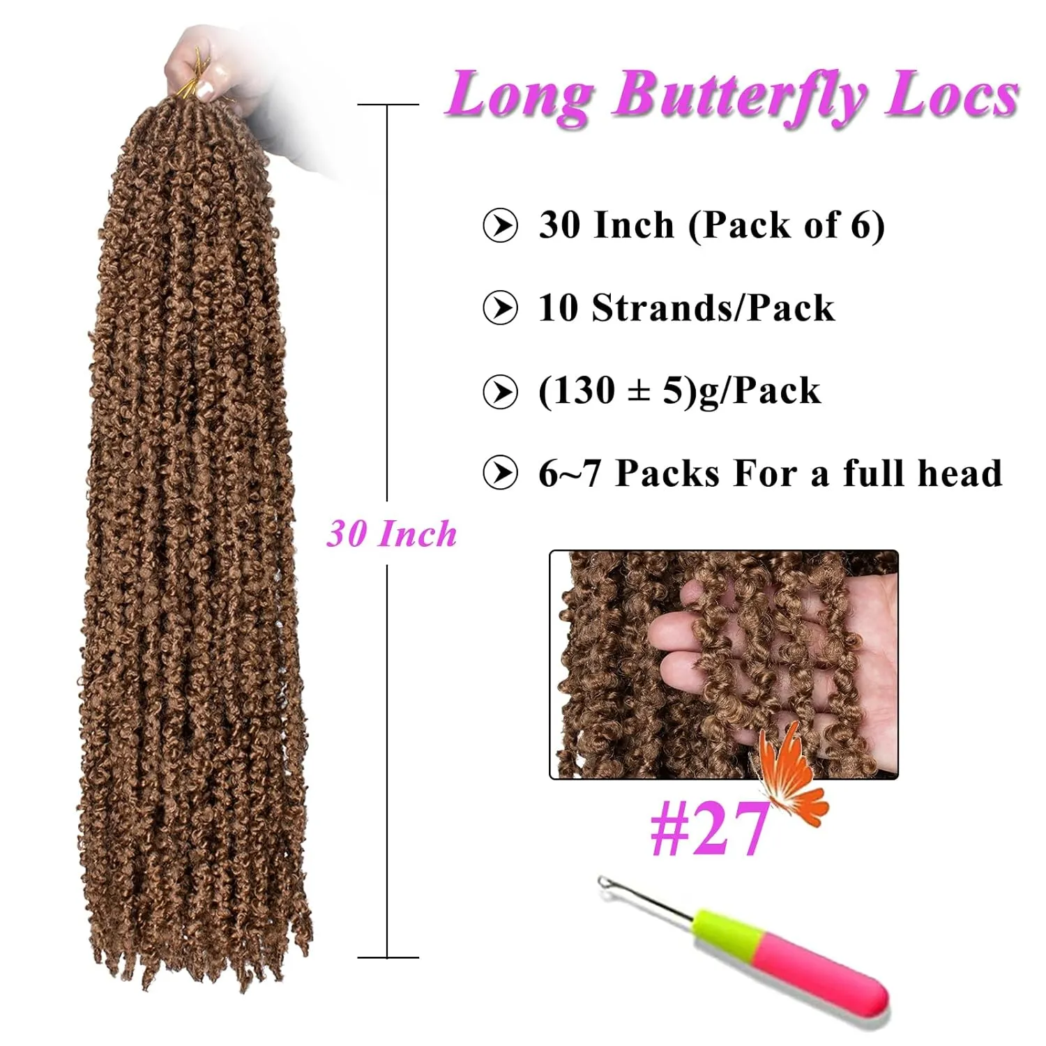 ZRQ Butterfly Locs Crochet Hair 30 Inch 6Packs Pre-looped Honey Brown Long Distressed Faux Locs Crochet Hair Synthetic Soft Locs Hair For Women (30 Inch, 27#)